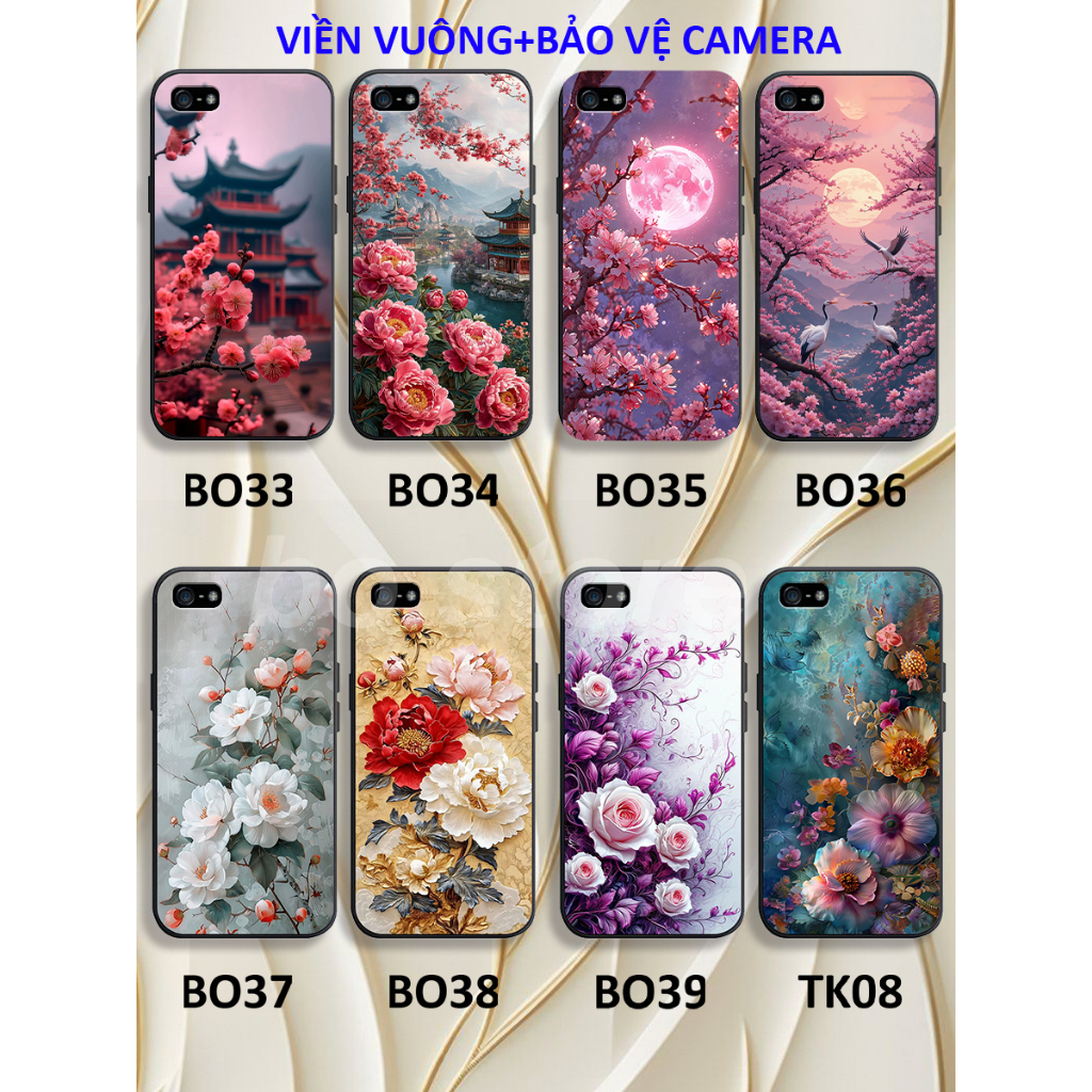 Ốp lưng IPhone 5 / 5S / 5SE TPU viền vuông in hình hoa đào,hoa hồng.hoa mẫu đơn,hoa xinh