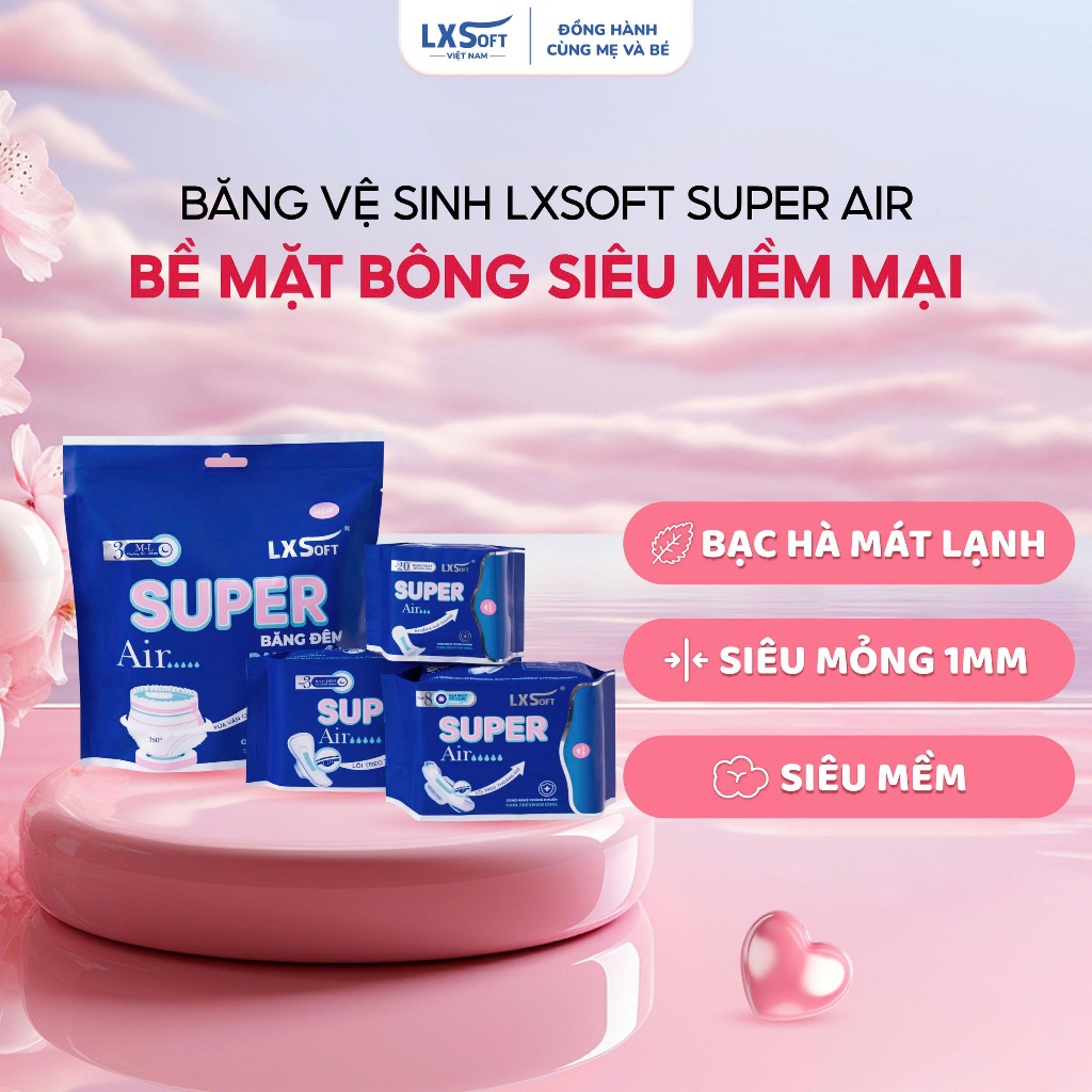 Băng vệ sinh Super Air LXSoft BỀ MẶT BÔNG siêu mềm mại, mỏng nhẹ 1mm, siêu thấm hút và thoáng khí ch