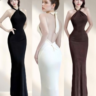  Sẵn Mút_Đầm Body Dáng Dài Cổ Yếm Phối Dây Cột Hở Lưng Xoắn Gợi Cảm Tôn Dáng Chất Thun Ladong Mềm Mại Đầm Đi Tiệc Đi Chơi 