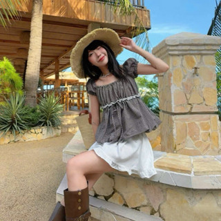  Áo babydoll bí phồng hoạ tiết caro buộc nơ eo áo trễ vai form bí ngắn Salavi N2 102 