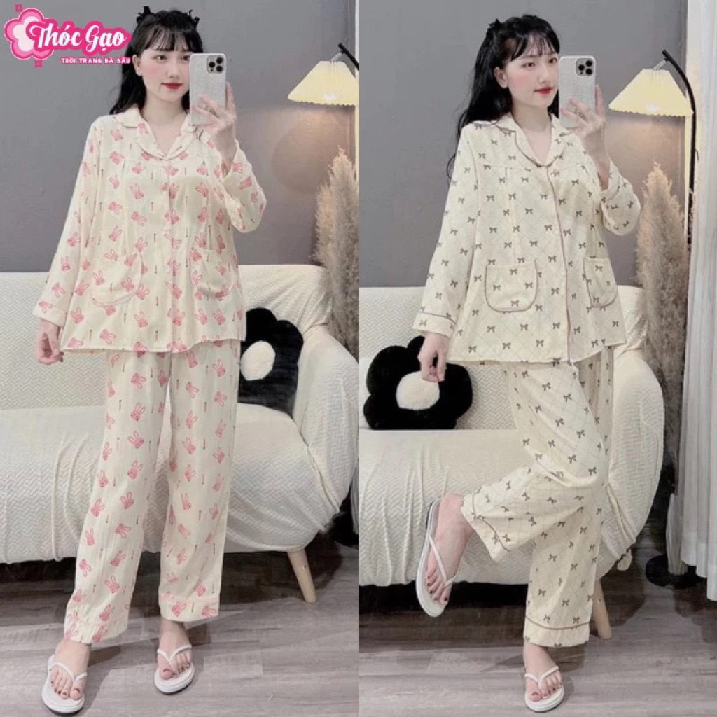  Bộ bầu bộ sau sinh - Bộ Đũi Dài Cổ Pizama Nhiều Hình Xinh - Áo Có Khoá Kéo Quần Có Chun Chỉnh 