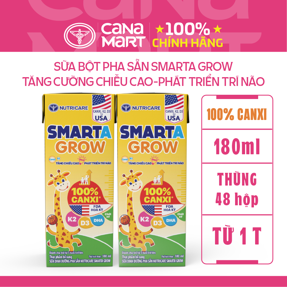Thùng 48 hộp sữa bột pha sẵn Smarta Grow Nutricare dinh dưỡng cho trẻ thấp còi - tăng chiều cao
