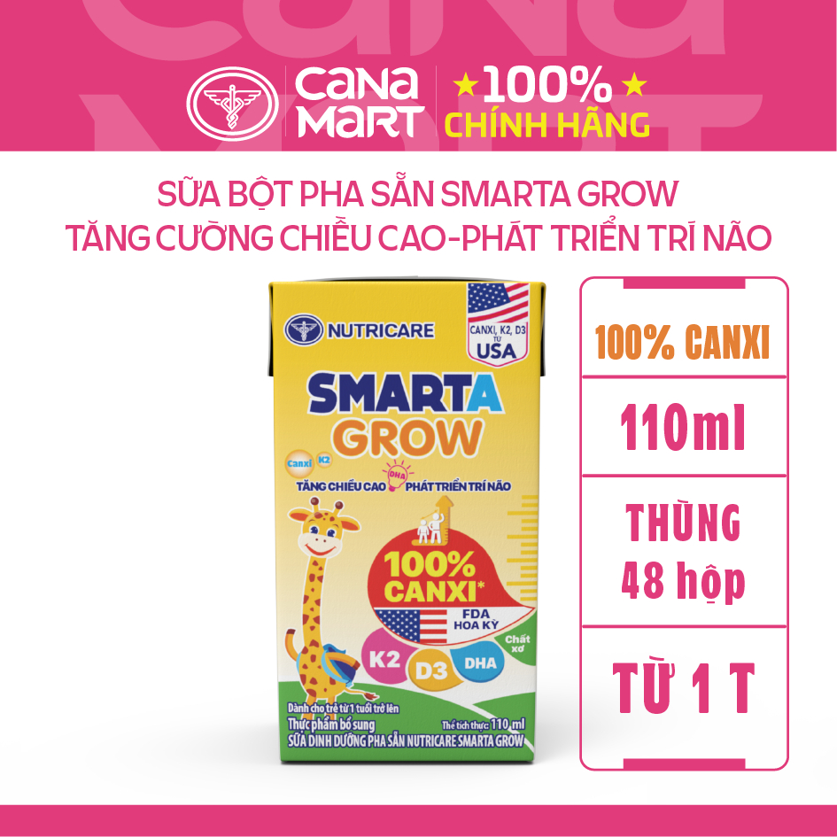 Thùng 48 hộp sữa bột pha sẵn Nutricare Smarta Grow dinh dưỡng cho trẻ thấp còi