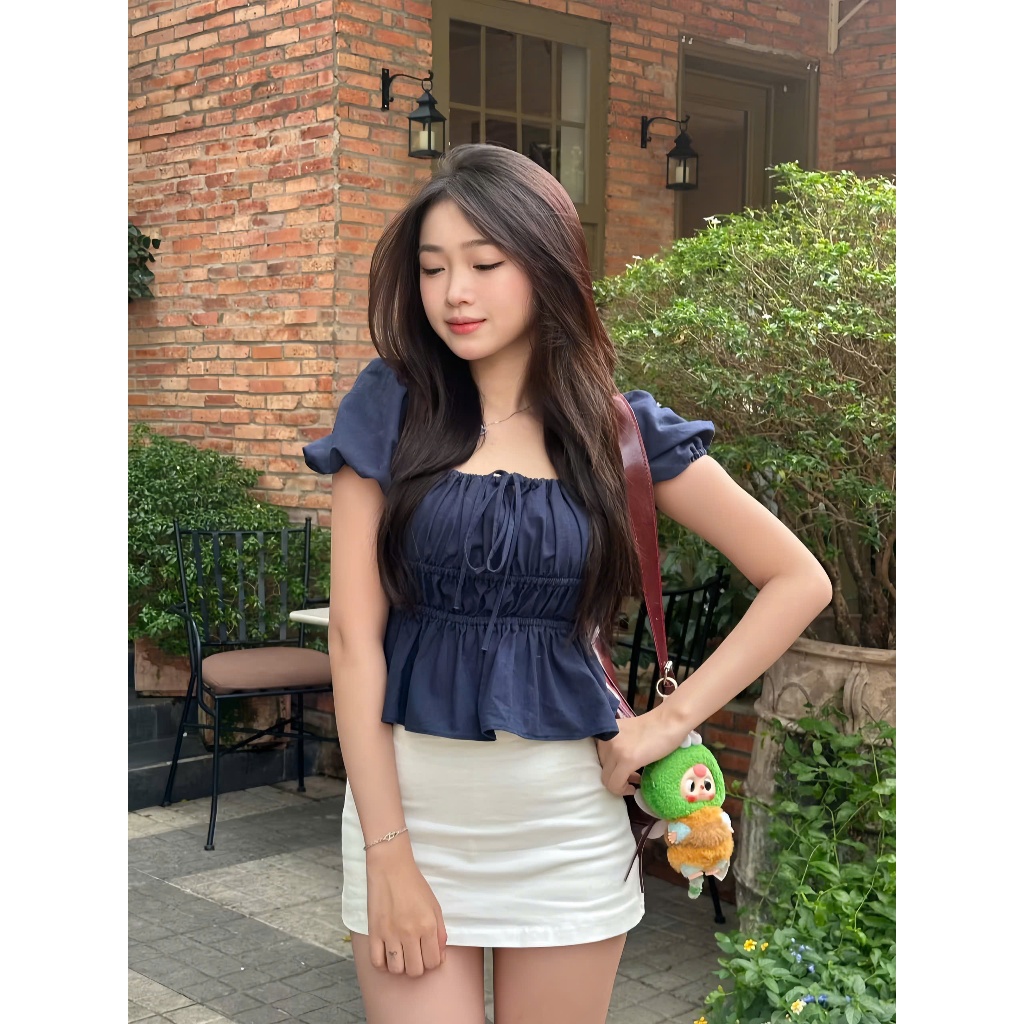 Áo kiểu tay bồng cột nơ chất linen, Áo babydoll tiểu thư bo chun thân xinh xắn | BigBuy360 - bigbuy360.vn