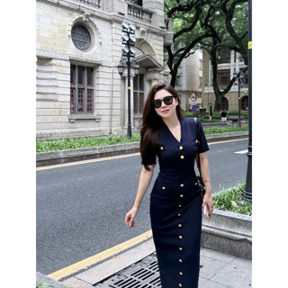 ( Ảnh thật ) 013 váy len body cổ v cúc vàng dáng dài