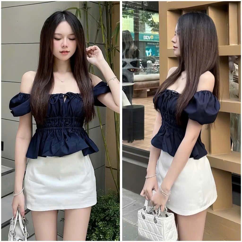 Áo Babydoll nữ xinh tay phồng tiểu thư,Áo kiểu trễ vai công chúa buộc nơ xinh xắn siêu hottrend | BigBuy360 - bigbuy360.vn
