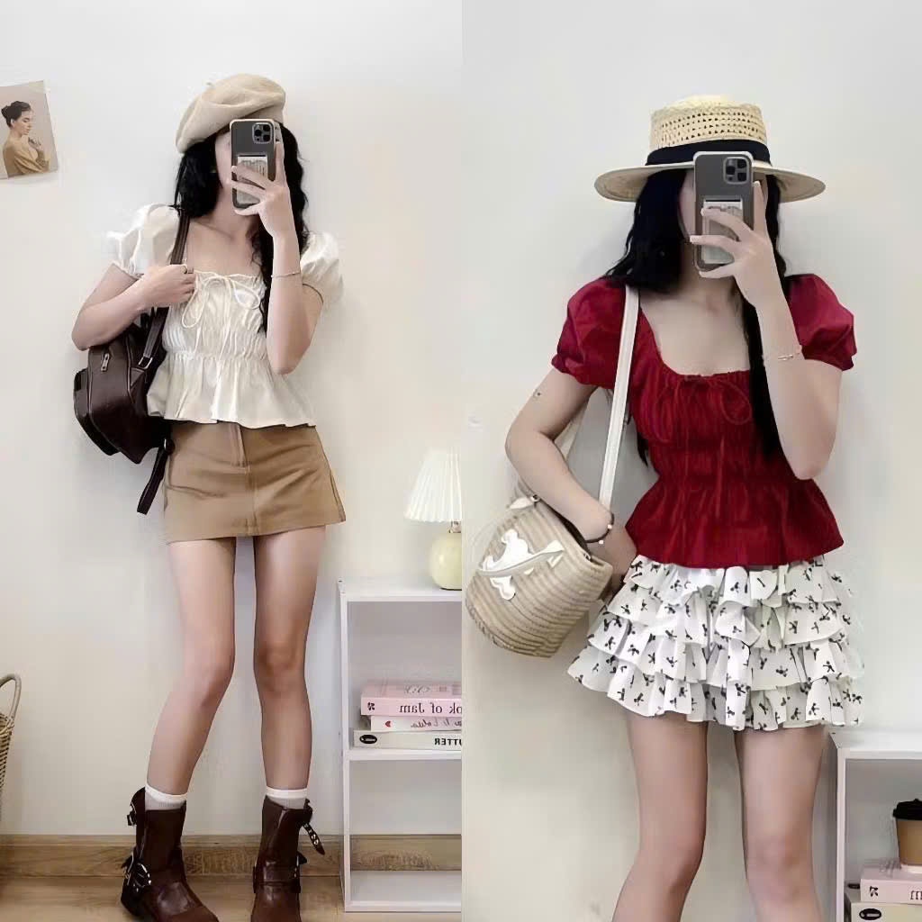 Áo Babydoll nữ xinh tay phồng tiểu thư,Áo kiểu trễ vai công chúa buộc nơ xinh xắn siêu hottrend | BigBuy360 - bigbuy360.vn