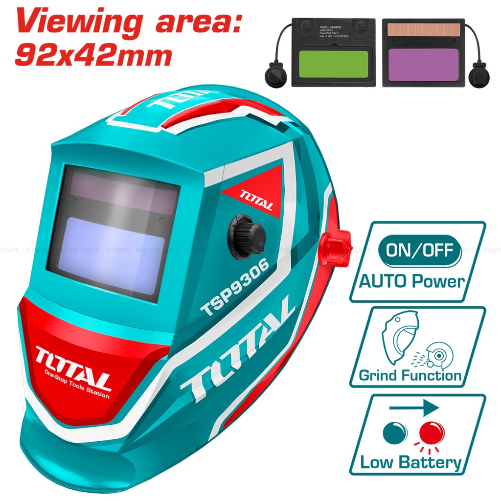 [ mẫu mới] NÓN HÀN ĐIỆN TỬ TOTAL TSP9306 - mặt nạ hàn tự động vùng quan sát 92×42mm, có chức năng mài nghiền