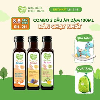Combo 3 dầu ăn dặm bổ não Mămmy, dầu cá hồi, hạt lanh, Olive bổ sung DHA, Omega-3 cho bé từ 6 tháng, chai 100ml