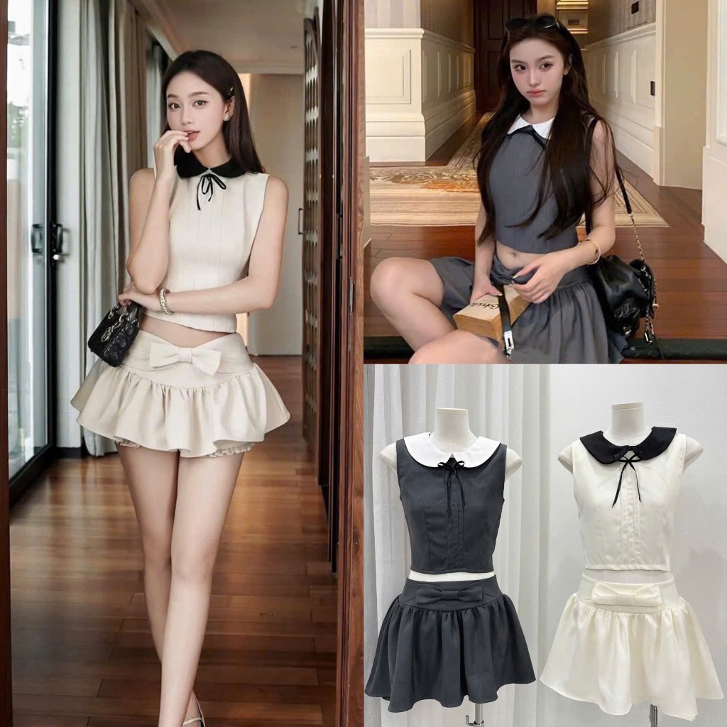 ( Ảnh Thật Trải Sàn ) ; Sét Áo Croptop Cổ Sen 2 Màu Sát Nách Đính Nơ Phối Chân Váy Xoè Trang Trí Nơ 
