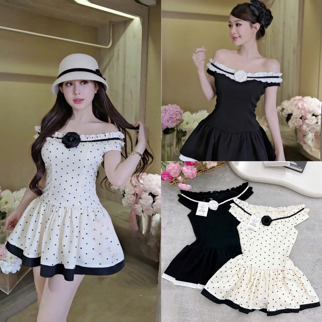 (Siêu Phẩm F) :Váy Trễ Vai Thô Chạy Bèo Hoa Ngực Chân Váy Xoè Thiết Kế 2 Màu Độc Đáo, Váy Tiểu Thư S