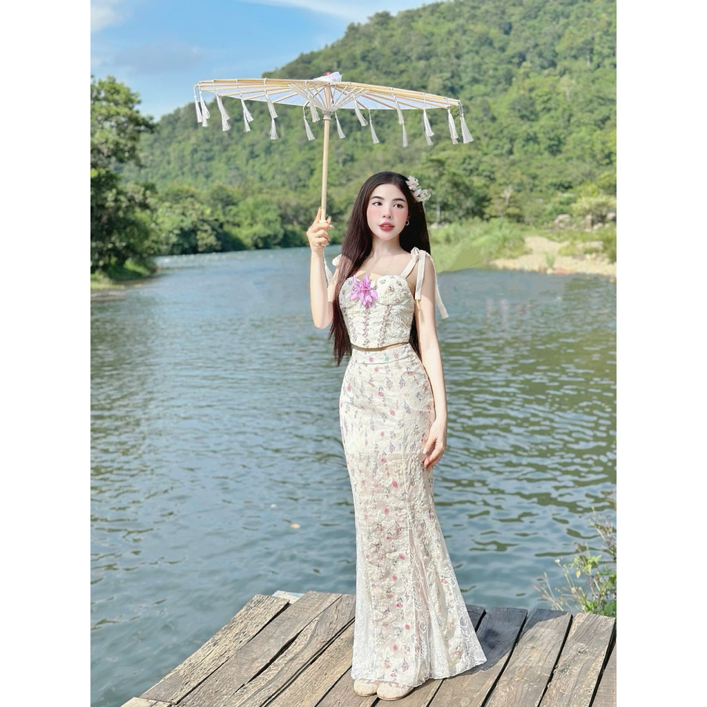 Set áo ren 2s cúp nơ viền hoa tag + cv hoa body đuôi cá phối ren