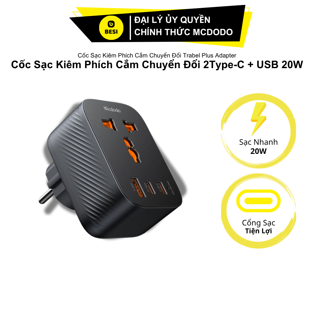 Phích Cắm Chuyển Đổi Du Lịch Mcdodo | Kiêm Sạc 20W, 3 Cổng (1 USB & 2 Type-C)