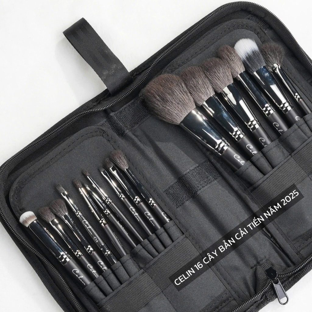 (Bản cải tiến 2025) Bộ cọ Celin make up cá nhân lông thú chính hãng 16 cây- lông cọ kèm bao da Celin