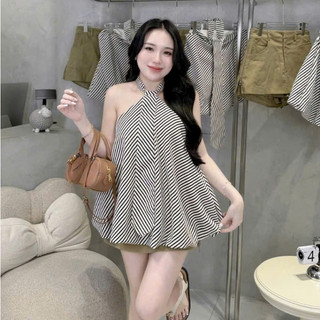  Set váy chất qc siêu hot áo yếm bí họa tiết sọc vằn dáng xòe bồng kèm cà vạt kèm chân váy ngắn chữ a có lót đáng iu 