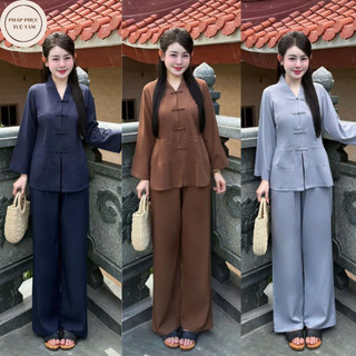  Đồ lam đi chùa cho nữ kiểu dáng la hán dài tay cổ V có túi truyền thống Pháp phục chất liệu lụa tuyết mềm mát 