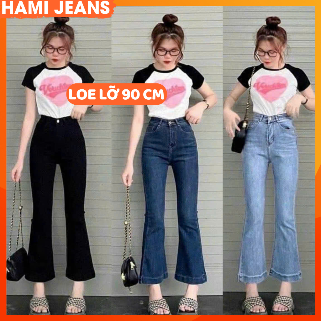 Quần jean ống loe 90cm quần jean nữ ống loe co giãn cạp lưng siêu cao tôn dáng quần bò loe 9 tấc