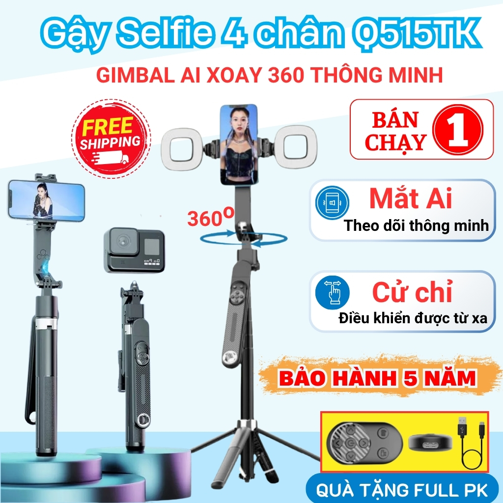 Gậy Selfie 4 chân đỡ Z185/Q515TK có Ai xoay 360 remote điều khiển từ xa 2 đèn trợ sáng chụp ảnh live