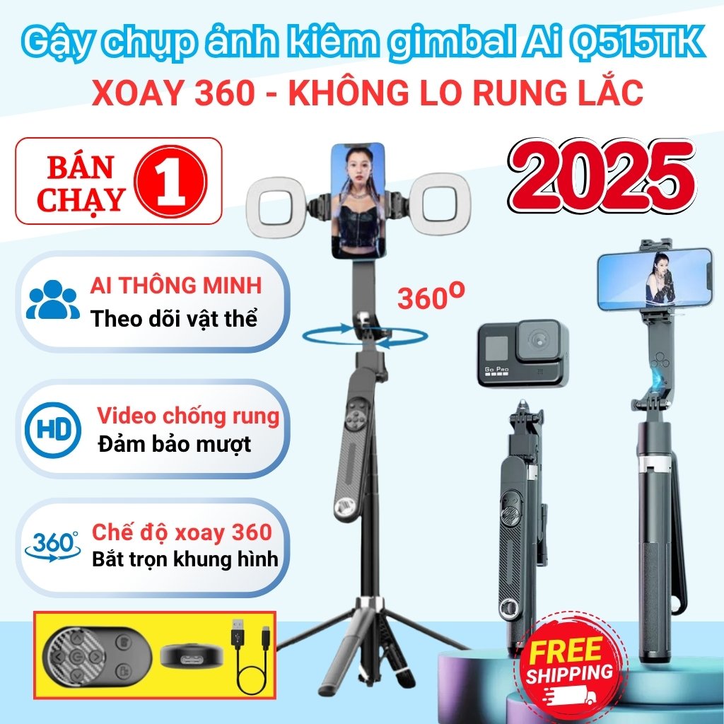 Gậy chụp ảnh Q515TK, Gimbal Selfie cầm tay có remote kéo dài đến 1m8 với 4 chân đỡ 2 đèn trợ sáng sử