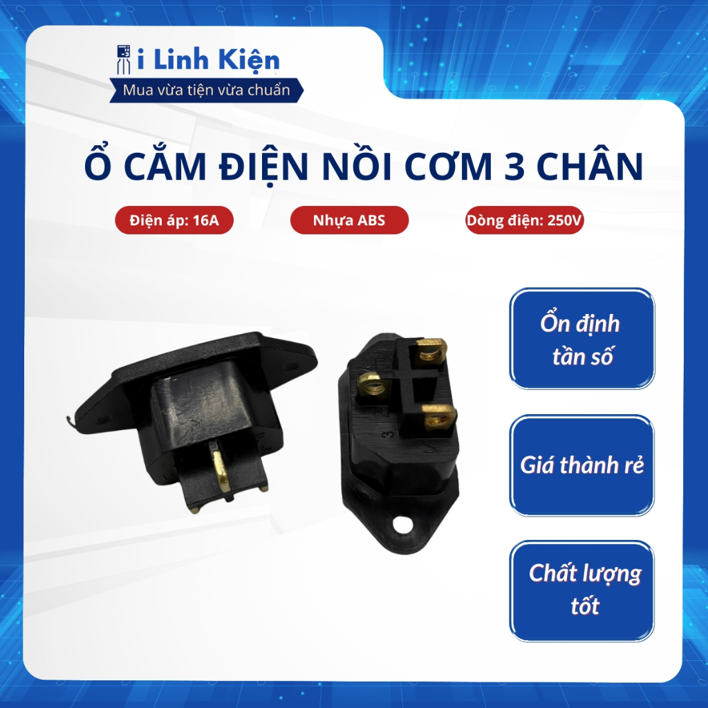 Ổ cắm 3 chân nồi cơm điện màu đen chân đồng.