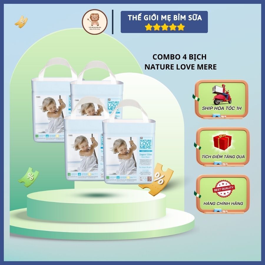 [Thế Giới Mẹ Bỉm Sữa] Combo 4 Bịch Tã/Bỉm Nature Love Mere mềm mỏng thấm hút tốt hàng chính hãng - thegioimebimsua