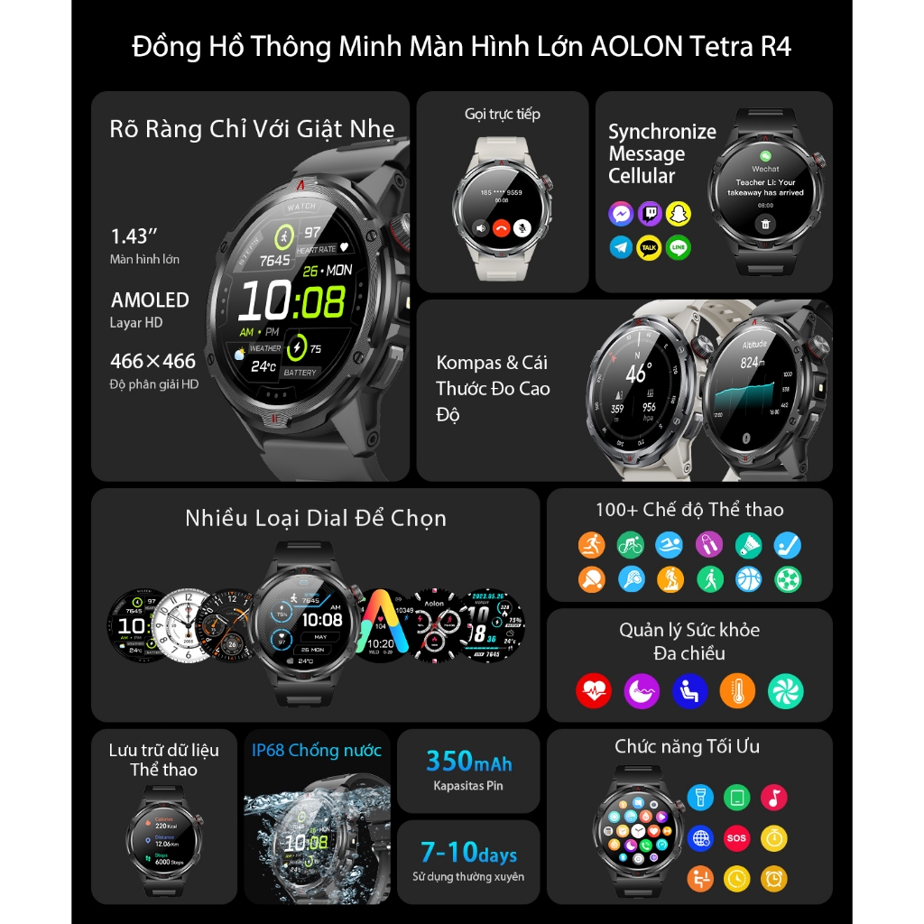 AOLON TETRA R4 đồng hồ thông minh Bluetooth | AGPS | Strava | AMOLED | bộ sản phẩm thời trang | BigBuy360 - bigbuy360.vn