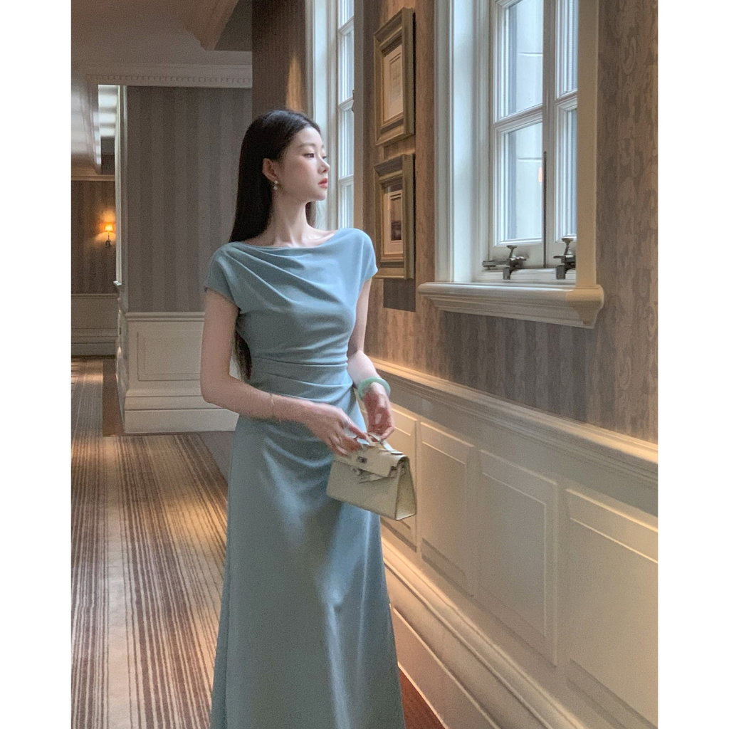  Váy dài dự tiệc Harper by Oni cổ thuyền ly vai dáng A dài thanh lịch xinh xắn xếp ly eo che bụng mặc ăn cưới đi chơi 