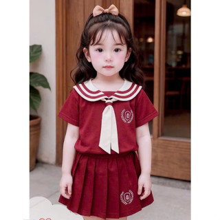 QUẦN ÁO BÉ GÁI-Sét áo cổ bẻ 2màu thắt cà vạt kèm chân váy cho bé gái từ 1`-8 t fom 10-30kg annakids