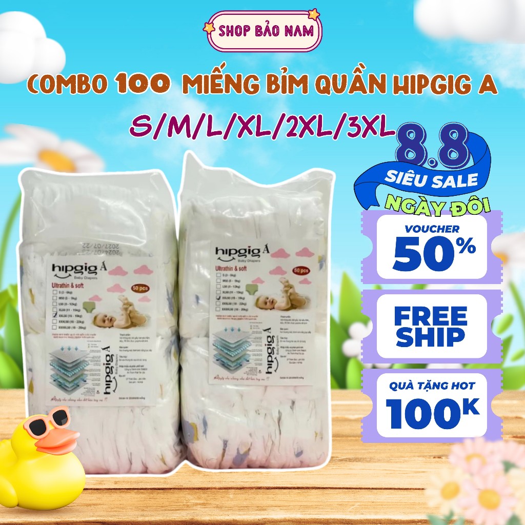 COMBO 100 Miếng Bỉm Quần HIPGIG A - Bỉm Quần Phiên Bản Nâng Cấp Đủ Các Size S/M/L/XL/2XL/3XL