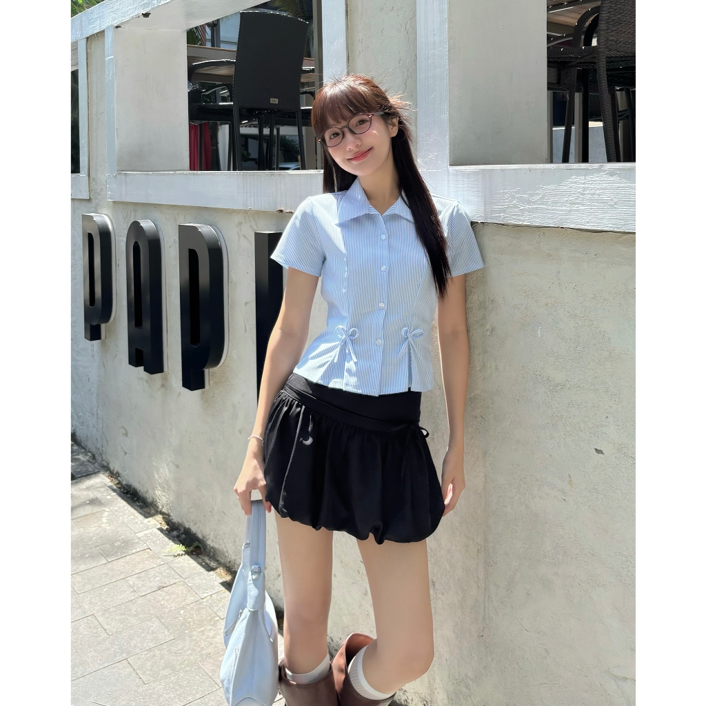 DALLA Sơ mi xếp ly đính nơ tay ngắn (SM17) Tiny Shirt HOT! | BigBuy360 - bigbuy360.vn