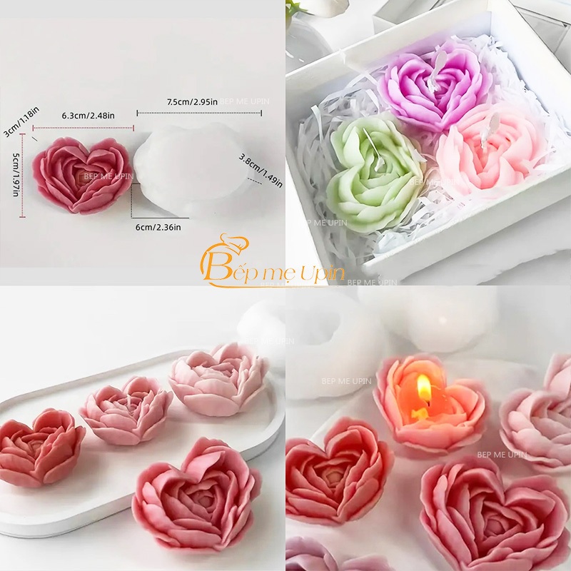 khuôn silicon làm nến tim hoa hồng tạo hình trang trí khuôn tim làm nến