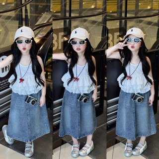 Set Bộ đồ chân váy Jean kết hợp áo 2 dây nhiều tầng cho bé từ 1 tuổi đến 9 tuổi