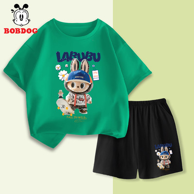 Bộ bé trai BOBDOG in hình labubu, áo cộc quần thun cotton thoáng mát cho bé mặc hè CD-KS42
