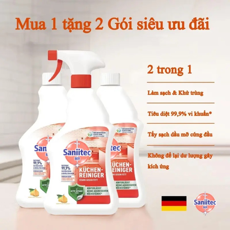 Nước Rửa Bếp Saniitec 500ml Diệt 99.9% Vi Khuẩn - Khử Dầu Mỡ Cứng Đầu & Mùi Hôi Hiệu Quả, Không Cặn,