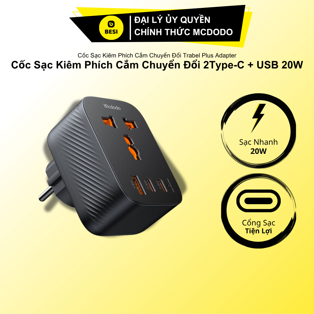 Phích Cắm Chuyển Đổi Du Lịch Mcdodo | Kiêm Sạc 20W, 3 Cổng (1 USB & 2 Type-C)
