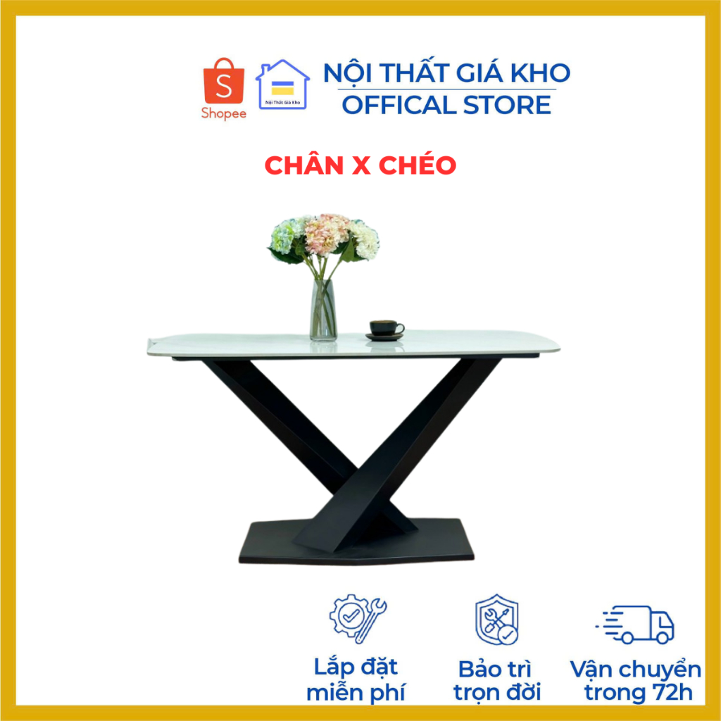 Bàn ăn mặt đá ceramic bóng chân X - Bàn ăn 1m4, 1m6, 1m8 cho 4 người 6 người 8 người