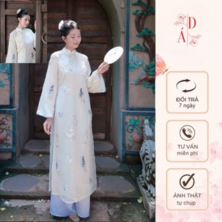  Set Áo Dài Cách Tân "Diên Phúc" Thiết Kế Dáng Suông Vải Voan thêu 2 lớp màu kem Be - Áo Dài Hà Vy 