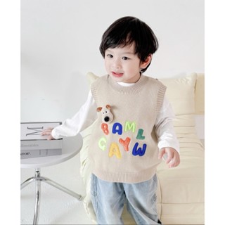  Áo gile len mùa đông quảng châu phong cách hàn quốc dile cổ tròn chui đầu phối cún bông chữ sắc màu cho bé trai 1-5 tuổi 