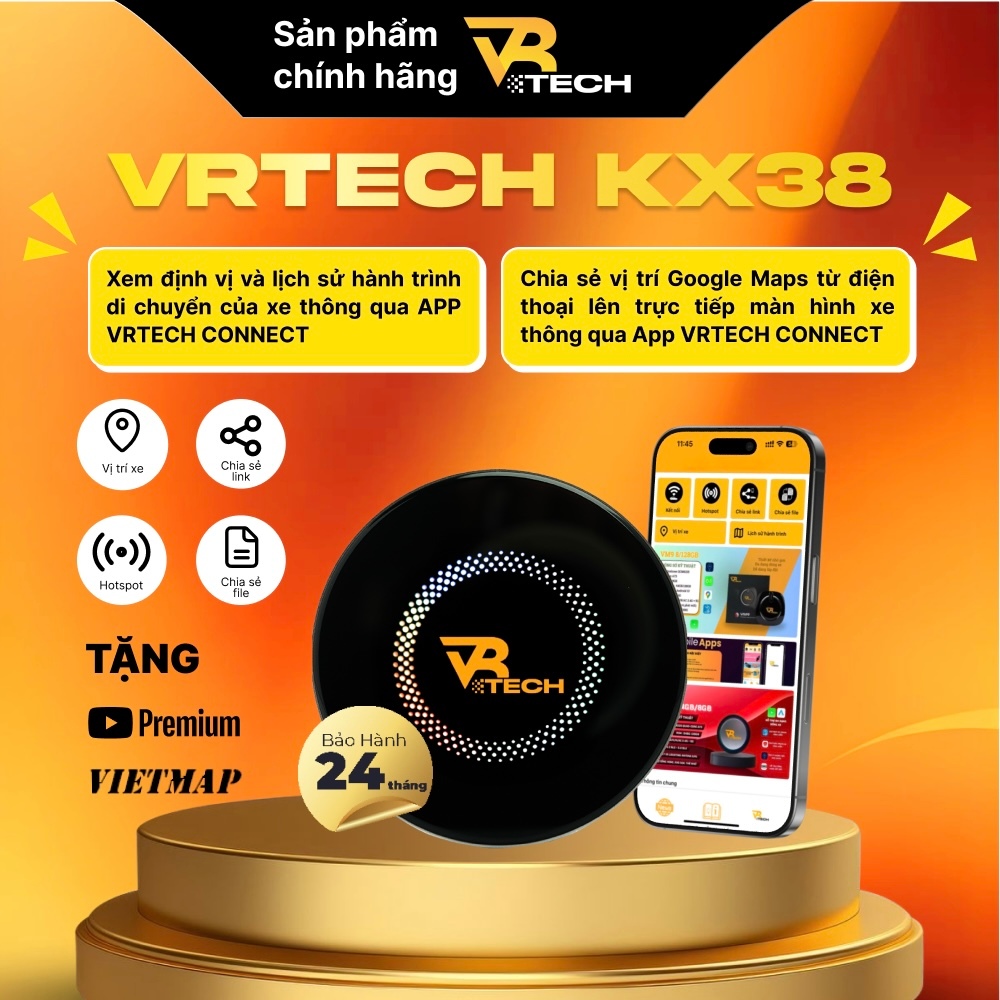 Android Box Ô Tô 2026 Chính Hãng VRTECH KX-38 Pro FLAGSHIP Qualcomm 6225 Android 13,Hỗ Trợ Cổng HDMI