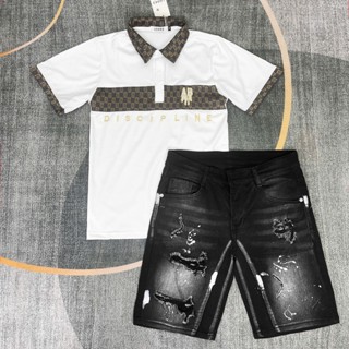  COMBO ÁO TRẮNG POLO TAY NGẮN PHỐI QUẦN SHORT JEANS NAM VẨY SƠN RÁCH CHẤT COTTON CO DÃN ĐẸP 