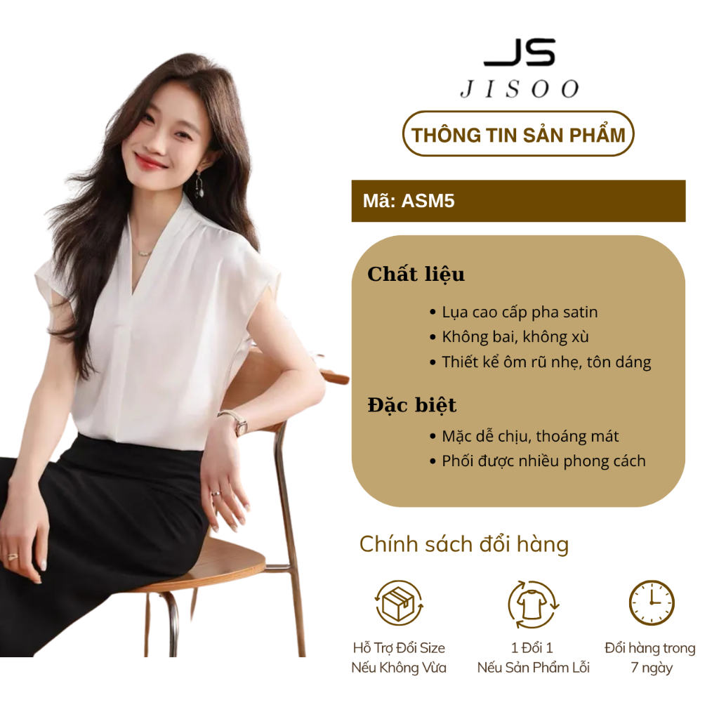 Áo sơ mi ngắn tay hến cổ V JISOO FASHIONS dáng rộng phong cách công sở chất lụa cao cấp mềm mịn ASM5 | BigBuy360 - bigbuy360.vn