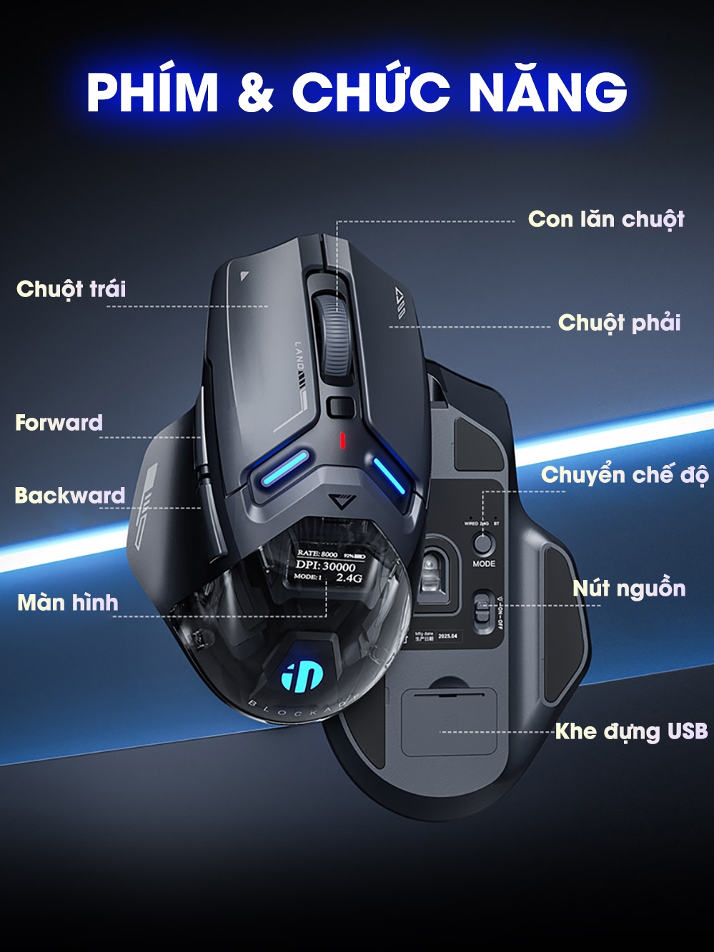 Chuột không dây gaming polling rate 8Khz TEKKIN INPHIC IN9 ULTRA click rung màn hình tùy chỉnh PAW39