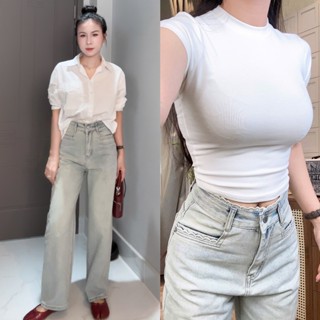 THE QUẠO - Quần Jean Nữ Lưng Cao Ống Suông Rộng Phối Lưng Ren Túi Vuông Xanh Bạc phủ Bụi Vàng Nhẹ S2606_676