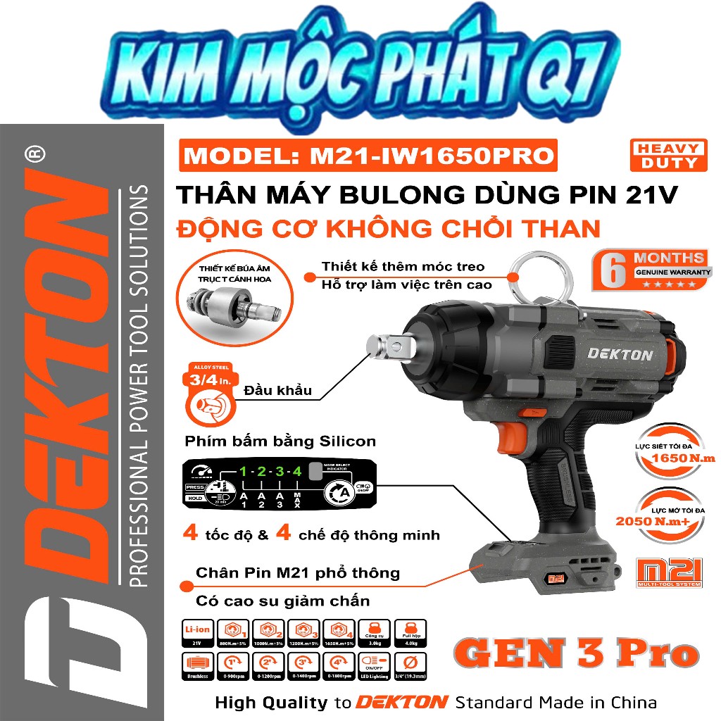 Máy Siết Bulong Đầu 3/4 Inch 1650Nm Dùng PlN Phổ Thông Dekton M21-IW1650PRO