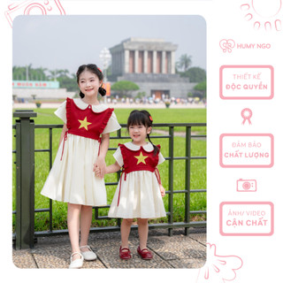   HUMYNGO  - Váy Quốc Khánh 2 9 bé gái váy bé gái dáng babydoll kèm yếm cờ đỏ sao vàng Việt Nam bé 12-28kg  V158  