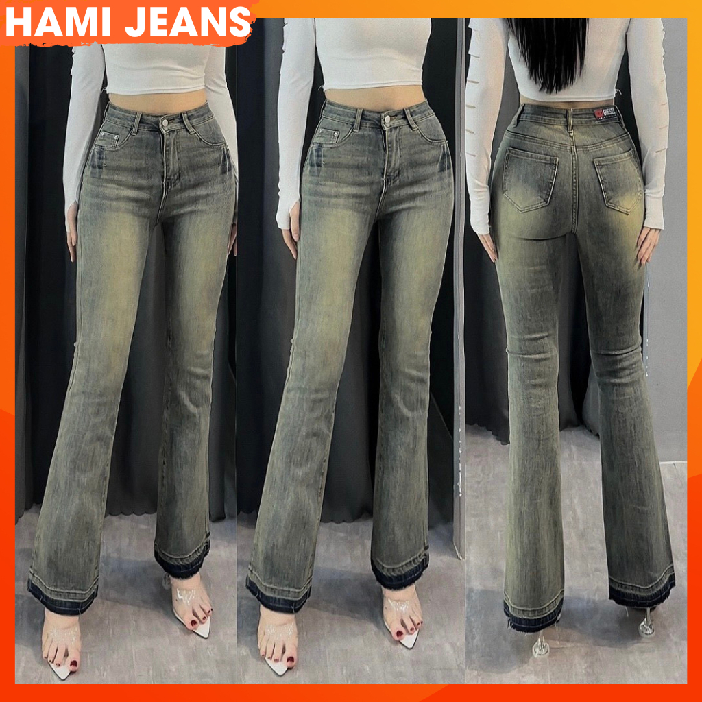 Quần jean ống loe co giãn cạp lưng cao lai tua quần bò ống loe tháo lai màu bụi