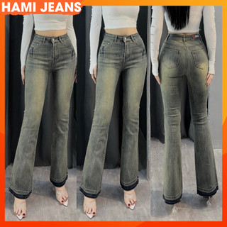 Quần jean ống loe co giãn cạp lưng cao lai tua quần bò ống loe tháo lai màu bụi