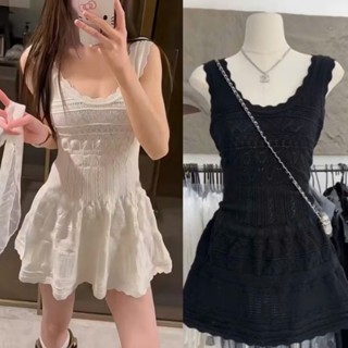  Váy 2 dây Đầm Ren dáng ngắn Trắng Cổ Chữ U Dệt Kim Hàn Quốc Ôm Eo Xoè S26 