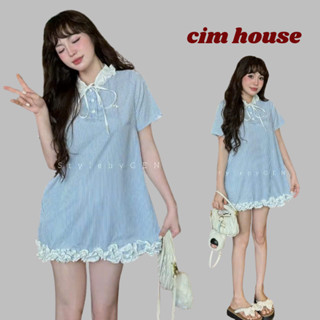  Váy kẻ nữ dáng suông phối bèo dễ thương đầm kẻ xanh nữ dáng babydoll cổ nơ phối bèo trẻ trung- MV373 CIMHOUSE 