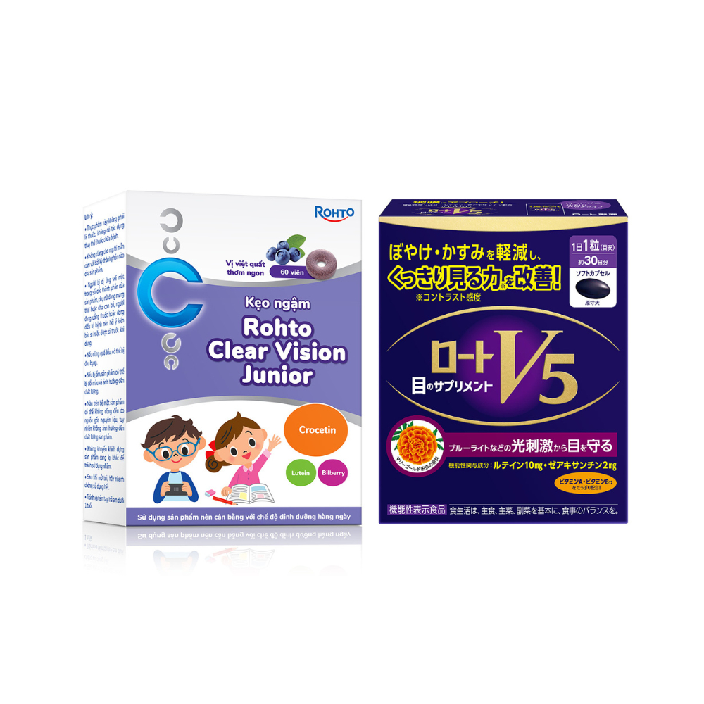 [VB] Combo bổ mắt, giúp mắt sáng khỏe cho gia đình: Rohto V5 (hộp 30 viên) + Rohto Clear Vision Juni